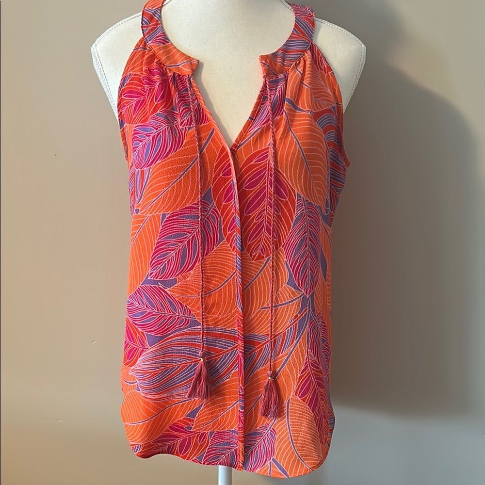 Rose + Olive Vibrant Orange and Pink Leaf Print Women's Top. Size Small.